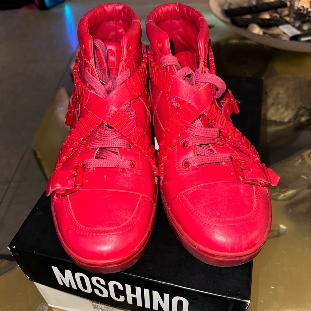 Moschino Authentic Red Multi Strap Calf Skin Sneakers